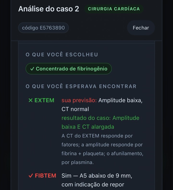 Análise do caso comparando a conduta escolhida, a previsão do aluno e o resultado do EXTEM e do FIBTEM.