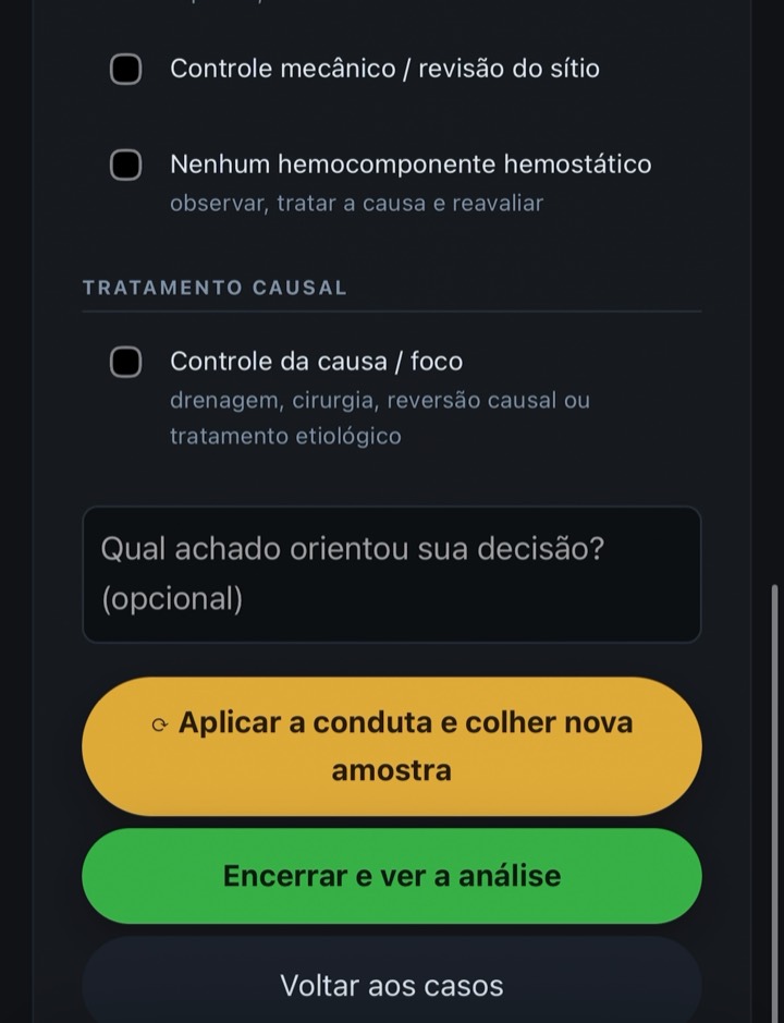 Lista de conduta com hemocomponentes, fármacos, fisiologia e tratamento causal, cada item com a dose.