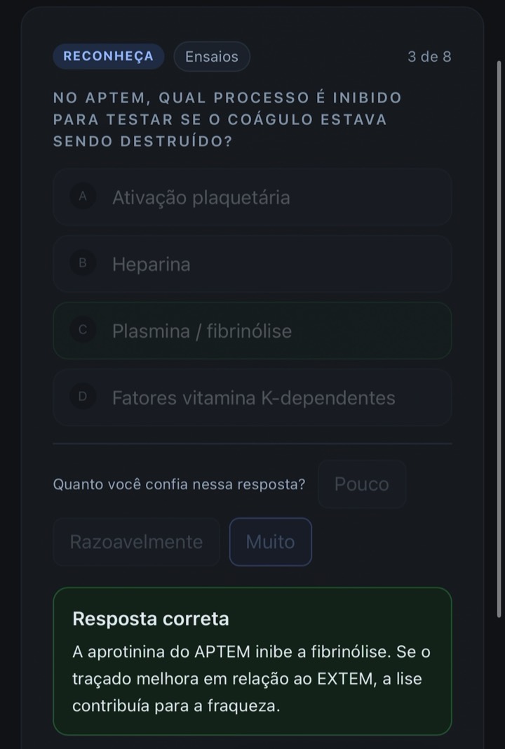 Questão sobre o APTEM com quatro alternativas, escala de confiança e a resposta correta explicada.